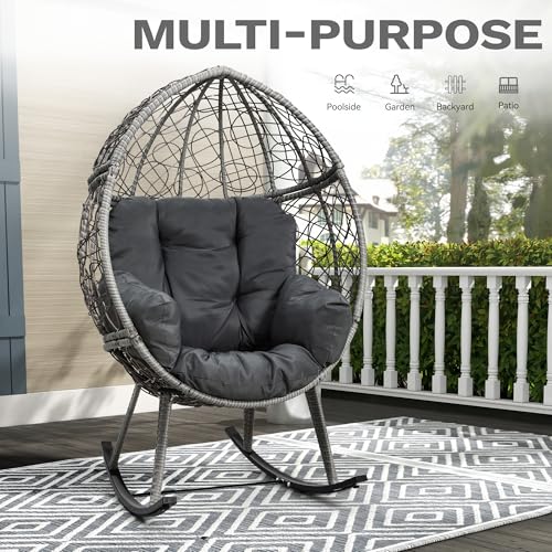 DWVO Wicker Rocking Egg Chair, Oversized Indoor Outdoor Rattan Rocking Chair, Indoor Outdoor Lounger for Patio, Backyard, Living Room, Gray