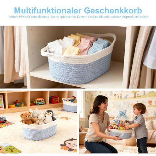 Geschenkkorb Leer Groß, Blau Geflochten Korb für Geschenke mit Geschenktüten und Bändern, Präsentkorb Leer für Geburtstag, Hochzeit, Babyparty, Erntedank, Weihnachten (Blau und Weiß)