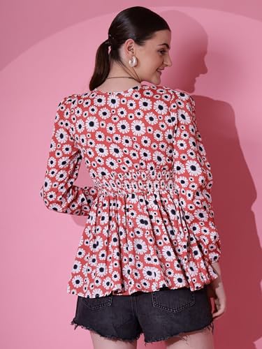 Image of Sheetal Associates Women's Crepe Puff Sleeves Peplum Top with Floral Printed Regular Fit Full Sleeve and V-Neck Maxi Length