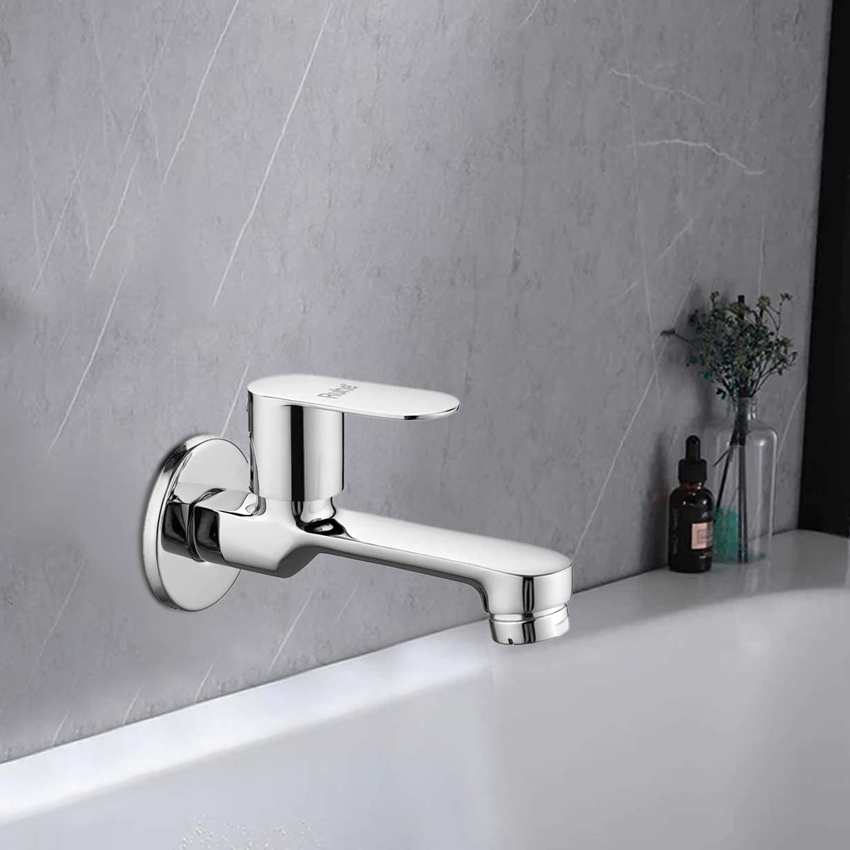 Ruhe® Onyx Bib Cock Long Body Brass Faucet | Wall Mounted Bib Tap for Bathrooms, Washing Areas, Gardens | Faucet with Chrome Finish | Brass Tap