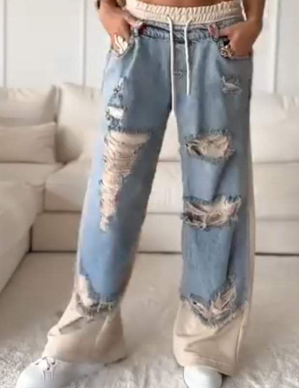 Women's Denim Trousers with Stitching and Ripped Design, Summer Drawstring Elastic Waist Wide Leg Patchwork Jeans2