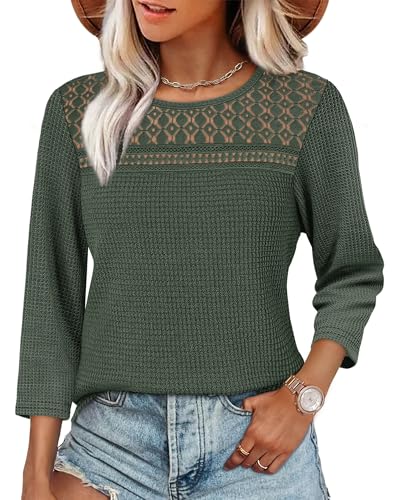 Fall Clothes Shirts for Women 3/4 Length Sleeve Dressy Casual Blouses Going Out Boho Tops Trendy Plus Size Lace Front Waffle Knit Tunics Fashion Clothing Olive L