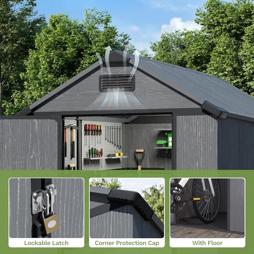 Image of Devoko 4x6 FT Plastic Outdoor Storage Shed with Floor, Outdoor Resin Shed with Lockable Door, Sloped Roof & Vent, Versatile Tool Shed for Patio Lawn Backyard, Deep Grey