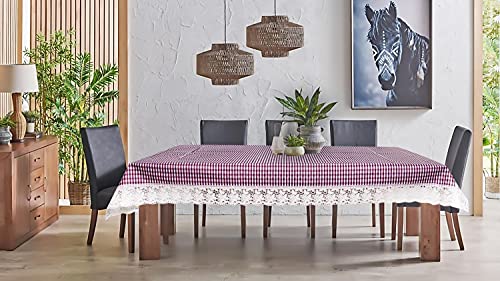 Image of The Furnishing Tree Waterproof PVC Rectangle Shaped 8 Seater Table Cover WxL 60x108 inches Pin Check Pattern Voilet with White Border lace