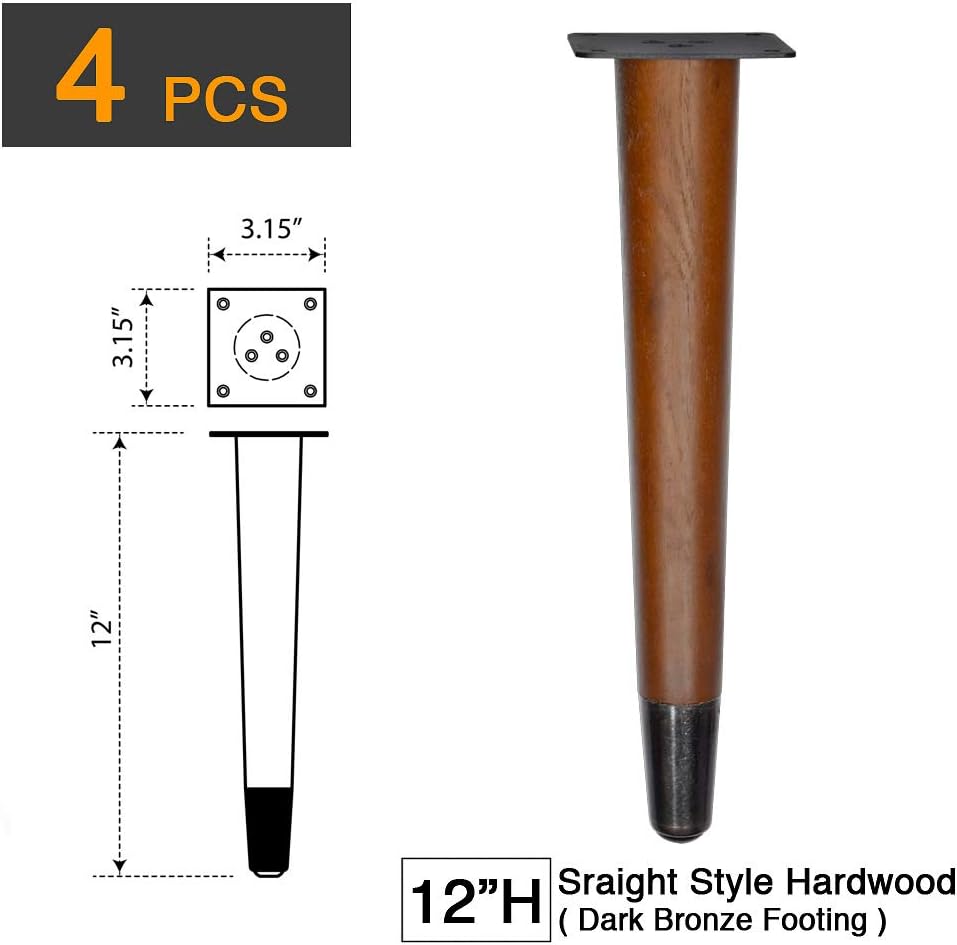 4 Pcs Retro Straight Wood Furniture Legs – Solid Wood Sofa, Bench, Table Legs with Metal Footing, Durable and Stylish Design (12" H Dark Bronze Footing)