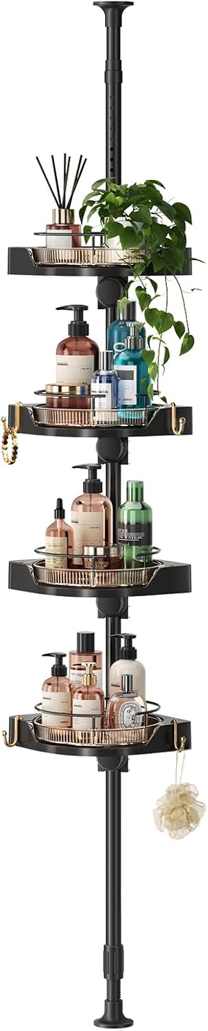 akinbas 360° Rotating Shower Caddy Tension Pole with 4-Tier Rustproof Lazy Susan 35-128 Inch No Drilling Coner Shelves Adjustable Shower Rack for Bathroom Bathtub Washbasin Plant Storage (Black+Gold)
