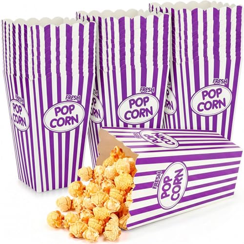 Image of Xinnun 200 Pcs Popcorn Boxes 32 oz Classic Stripe Paper Popcorn Buckets Bulk Disposable Oil Proof Container Vintage Retro Open Top Holders for Movie Night Supply Theater Carnival Party(Purple)