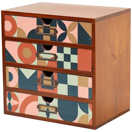 Mid-Century Modern Geometric Pattern Desk Organizer - Earth Tone Desktop Storage with 4-Drawer - Retro Modern Wood Cabinet for Office Supplies, Craft Tools, & Home Organization - MCM Drawer Unit