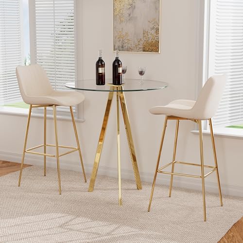 Image of 3 Piece Pub Dining Set, Modern Round Bar Table and Chairs for 2, 30 inch Bar Height Barstools and Glass Kitchen Table Set, 31 inch Small Dining Table with 2 Stools(Beige)