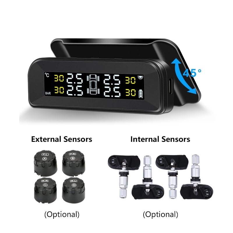 Tpms Sistema di monitoraggio della Pressione dei Pneumatici for Auto Wireless, Carica Solare, misuratore, Display in Tempo Reale attaccato al Vetro(External sensors)