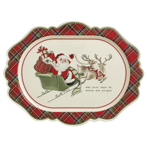 Mud Pie Christmas Santa Sleigh Tartan Platter
