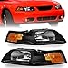 OEDRO Headlight Assembly Compatible with 1999-2004 99-04 Ford Mustang Headlights w/ Amber Reflectors Black Housing Headlamps - Driver & Passenger Side