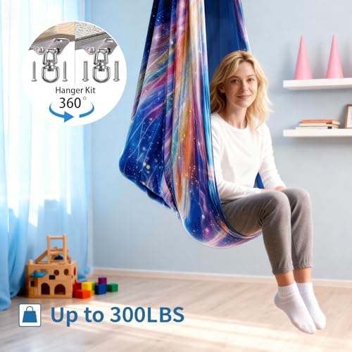 Image of Sensory Swing for Kids & Adults with 360 Swivel Hanger Kit, Double Layer Elastic Therapy Swing Holds up to 300lbs for Autism, ADHD,Aspergers, and SPD (Blue Bird)