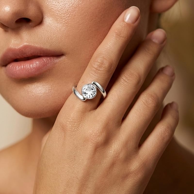 Meadows Sterling Silber Runder Edelstein-Bypass-Ring für Damen, minimalistischer, moderner Statement-Schmuck, handgefertigt R-25A