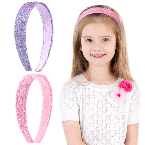COMNICO 2 PCS Glitter Headbands for Girls Cute Sparkly Wide Thick Head Bands Bling Non Slip Hairband Rainbow Sequin Little Girl Hair Accessories for Children Kids Women (Pink + Purple)