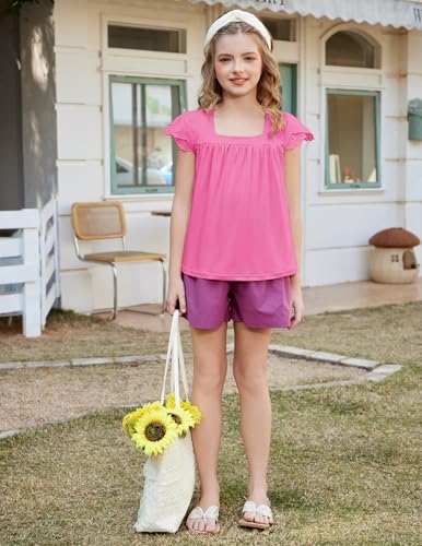 Image of Arshiner Girls Shirts Short Sleeve Square Neck Summer Lace Openwork Pleated Tops Blouse Tunic