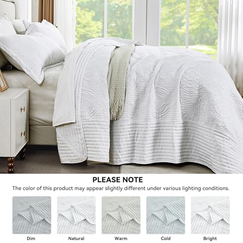 Image of ENJOHOS Oversized King Quilt White, 128x120 California King Bedspread, 3 Piece Soft Microfiber Lightweight Extra Wide Bedding Comforter Set, Vintage Boho Striped Pattern Summer Coverlet