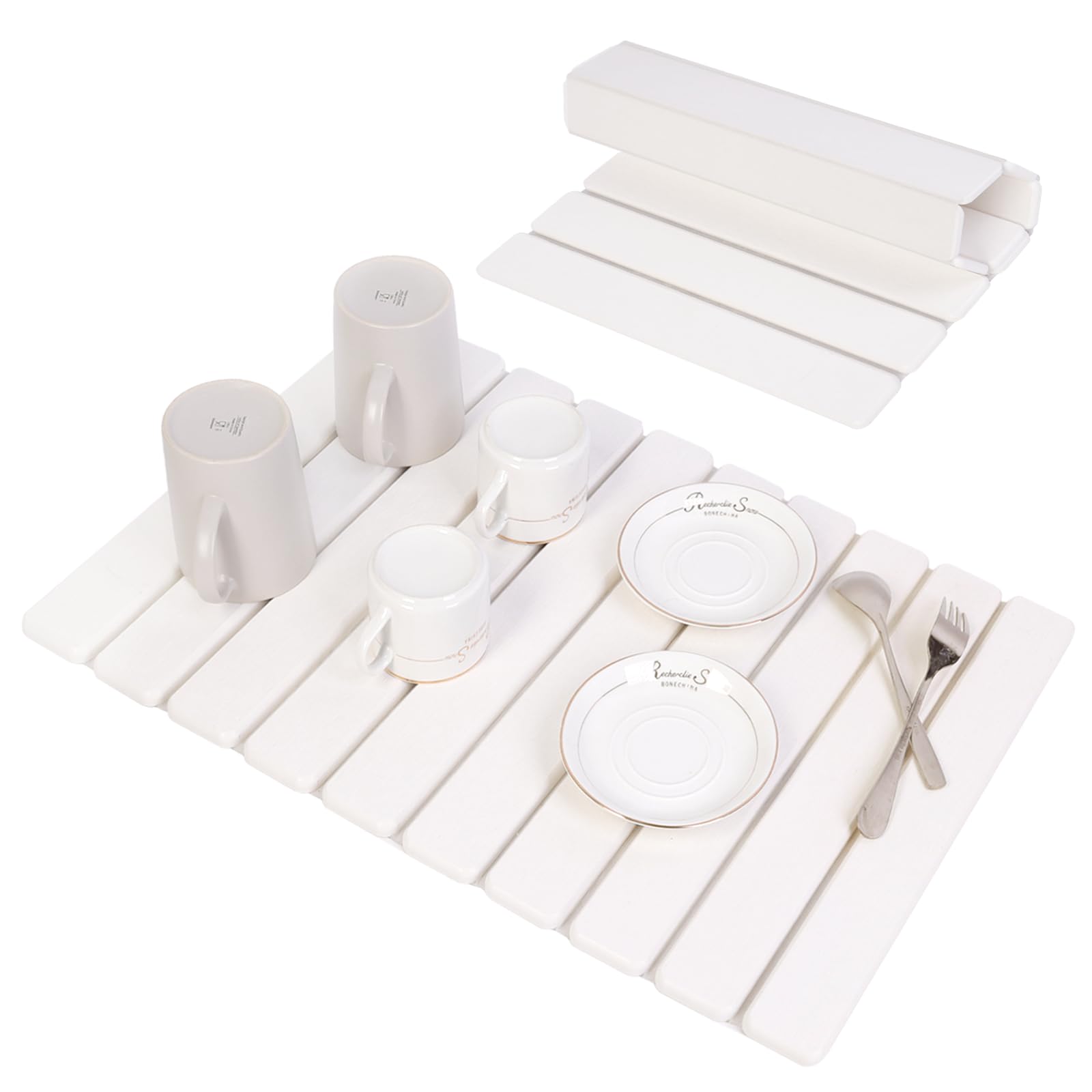 BoxedHome Große Stein-Abtropfmatten für Küchentheke, 60x40cm Wasserabsorbierende Kieselgur Matte Küche, Abtropfmatte Geschirr, Faltbare Spülbeckenmatte Abtropfmatte (Weiß)