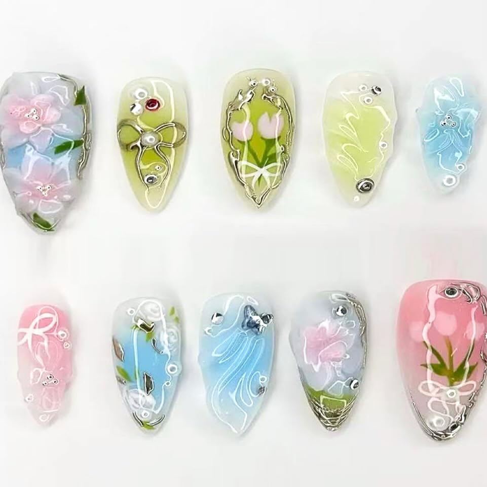 30Pcs Summer Flower Press On Nails Medium Almond, 3D Floral Fake Nails with Rhinestones & Pearls, Reusable Cute Butterflies Flase Nails Bow Full Cover Stick on Nails for Wome