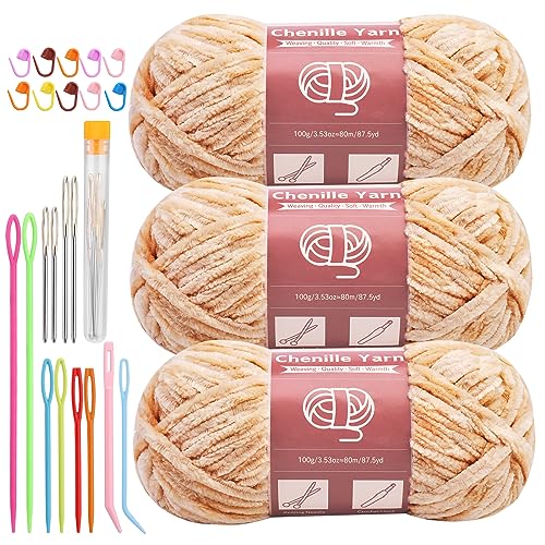 Image of LUNARM Chenille Yarn 3 Pack 3.5oz Chunky Blanket Velvet Yarn 263 Yard | Light Brown Chunky Chenille Yarn for Beginners Crocheting Hand Knitting Scarves with Big Eye Needles Machine Washable