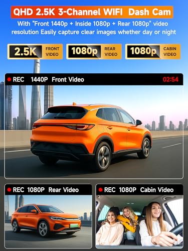 3 Channel 2.5K Dash Cam with 5GHz WiFi & APP Control, 2.5K+1080P+1080P Front Inside and Rear, Triple Dash Camera with SD Card, 24 Hours Parking Mode, Loop Recording, Night Vision - image 2