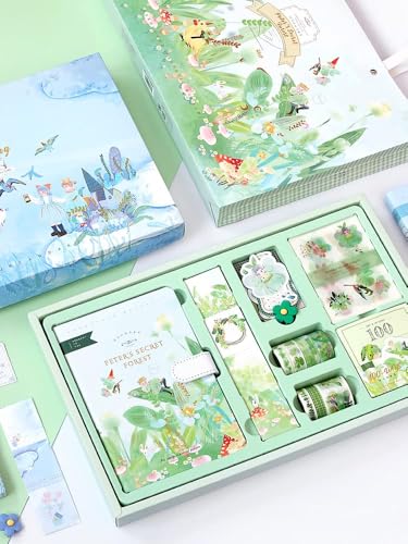 Image of VIBEVISTA Vintage Aesthetic Scrapbook Kit, 346 Pcs, A6 Grid Notebook, Washi , Envelopes, Scrapbook Papers, Folding Labels, Background Papers, Photo Frames, Calendar Stickers, Stickers (Peters Secret Forest)