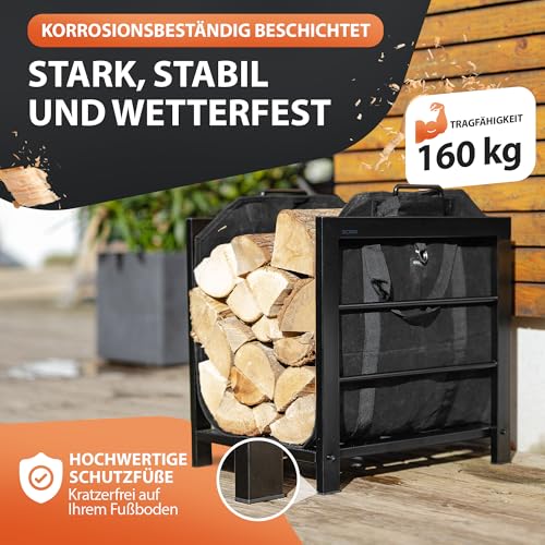 Eklavia Kaminholzregal mit Canvas-Tasche 50×40×55 cm – pulverbeschichtetes Brennholzregal/Holzlager – saubere und ordentliche Holzaufbewahrung – für innen & außen
