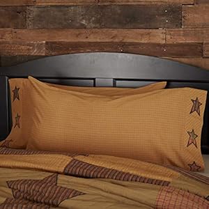 Vhc brands stratton star cotton primitive bedding appliqued king pillow case set of 2 dark khaki tan  urban country home decor