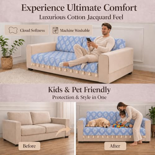 Image of STITCHNEST 'Verdant Rekhika Stories' 1 Seater Sofa Cover| Elegant Jacquard Fabric, Decorative Tassels, Washable & Durable for Modern Living
