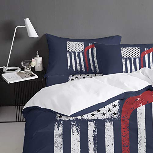 Luxury 4 Piece Bedding Set Full Size, American Flag with Red Hockey Stick Patten Duvet/Comforter/Quilt Cover Set with Bed Sheet Pillow Shams for Kids/Teens/Adults/School Sport Blue Backdrop - Thumbnail 3