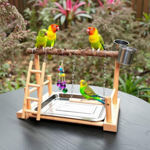 Image of Natural Wood Bird Perch Stand, Wooden Parrot Perch Stand Fork Toys Hanging Multi-Branch Rope Perch Platform Hammock Swing Toy Chewing Stick Cage Accessories
