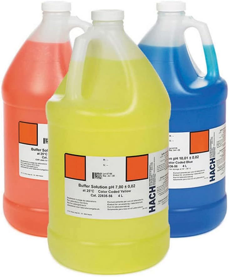 Hach pH Buffer Solution Kit, Color-Coded, pH 4.01, pH 7.00 & pH 10.01, 4 L Bottles, 3-Pack, NIST-Traceable, for pH Electrode Calibration in Lab & Field, Airtight Packaging, 2507200