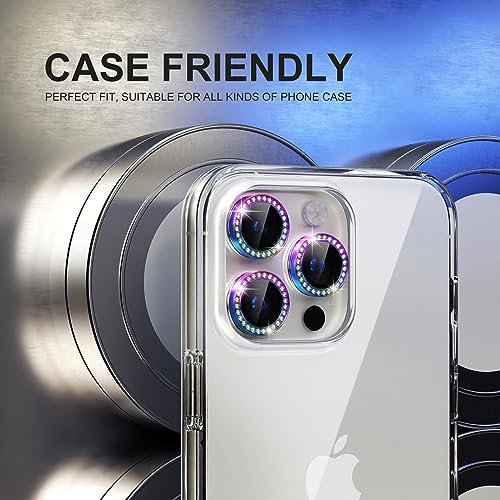 Image of Choiche Compatible for iPhone 15 Pro /iPhone 15 Pro Max Camera Lens Protector Bling, 9H Tempered Glass Camera Cover Screen Protector Metal Ring Decoration Accessories (Diamond-Colorful)