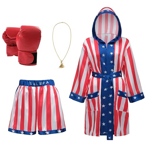Giftdigger Rocky Balboa Kostüm für Herren und Damen, amerikanische Flagge, Boxkostüm für Erwachsene mit Boxhandschuh, US-Boxeranzug, Satin-Boxmantel, Shorts, Gürtel, Größe S