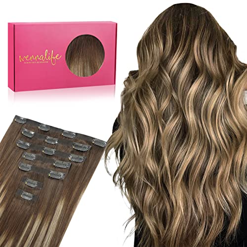 WENNALIFE Seamless Clip In Hair Extensions, 20 Inch 7pcs 150g Balayage Chocolate Brown to Honey Blonde Hair Extensions Clip In Invisible PU Skin Weft Real Human Hair Extensions Clip In
