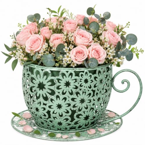 Coffee Cup Planter Pot Metal Teacup Flower Pot for Indoor Outdoor Garden Patio Decor, Vintage Hollow Floral Pattern with Saucer and Handle, Stable 10 Inch Wide Base, Green