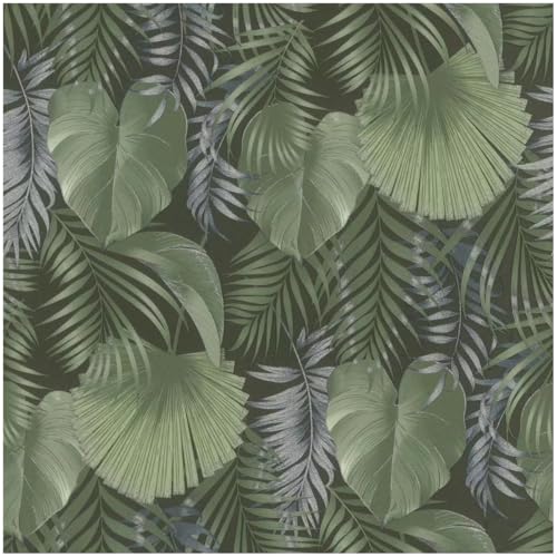 Image of YöL Tropical Palm Leaf Vinyl Wallpaper in Sage Green and Silver on Dark Background Elegant Botanical Jungle Design for Living Room Bedroom Dining Room or Feature Wall Decor