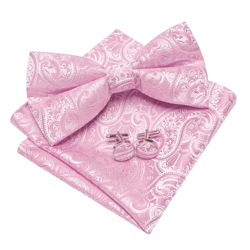 Image of Barry.Wang Paisley Striped Bow Tie for Men Silk Pre-Tied Bowtie Pocket Square Cufflinks Set Formal Wedding Party Prom