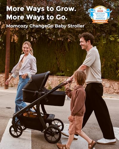 Image of Momcozy ChangeGo Baby Stroller, Convertible Single-to-Double-to-Wagon Stroller with 23 Configurations, Carry-cot and Seat Included, Large PU Wheels, All-Wheel Suspension & Extendable UPF50+ Canopy | Carrycot and Seat Included with Large PU Wheels, All-wheel Suspension, and an Extendable UPF 50+ Canopy.