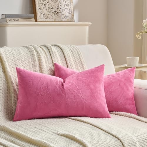 Image of FUTEI Pack of 2 Velvet Throw Pillow Covers 12x20 Inch Soft Embossed Leaf-Relief Textured Decorative Lumbar Pillowcases Modern Natural Farmhouse Accent for Couch Bed Living Room, Hot Pink