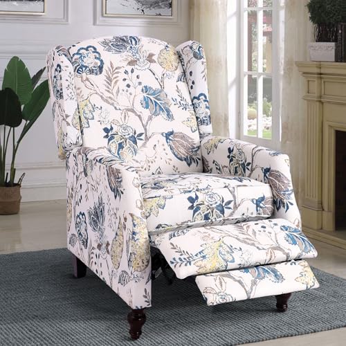 GUEAPY Mid Century Modern Wingback Recliner Chair for Adults, Push Back Upholstered Accent Chair with Floral Fabric, Manual Reclining Armchair for Living Room, Bedroom, Reading Corner (Blue Botanical)