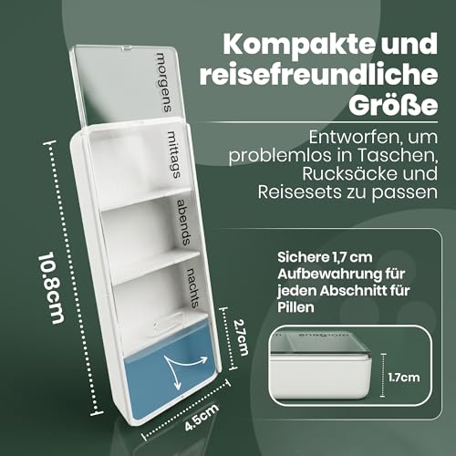 varivendo Tablettenbox Pillendose 4 Fächer – kompakte Medikamentenbox für 1 Tag, morgens mittags abends nachts, sicherer Klickverschluss