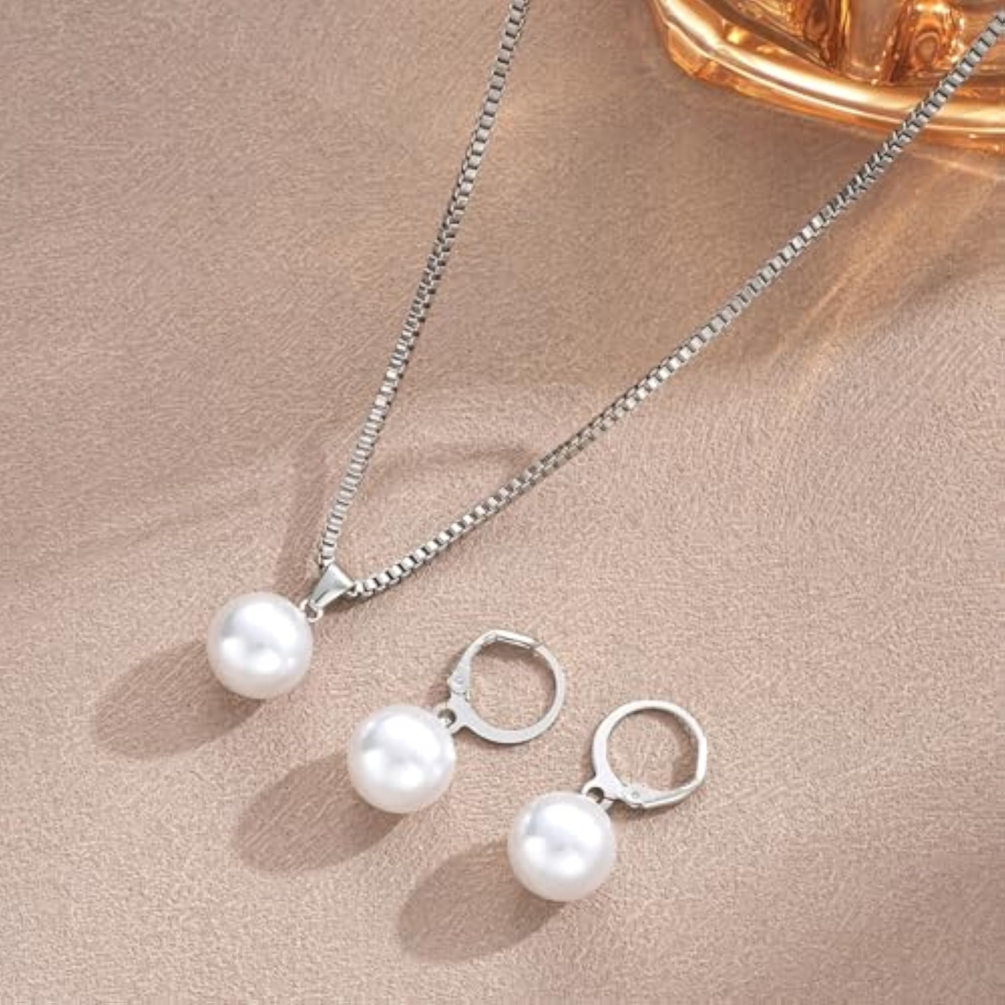 Silver Plated Pearl Drop Necklace & Earrings Set