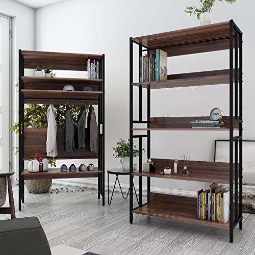DIY 5 Etagen Holz Bücherregal Verstellbare Aufbewahrungsmöbel mit L-Form Regalen und 1 Garderobenstange, Montage Vitrine als Bücherregal, Flurständer für Bibray, Schlafzimmer, Küche, Vintage Braun Cover