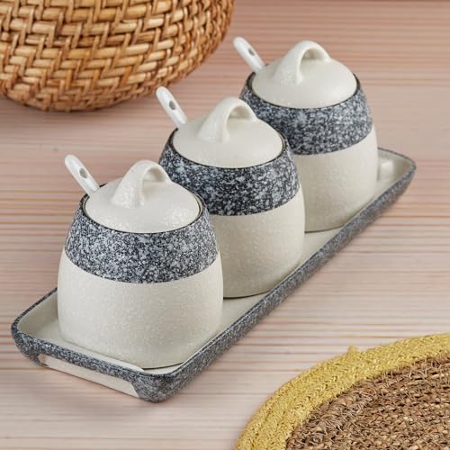 Image of SASASA Ceramic Condiment Jars and Containers Set of 3 with Tray and Spoon for Kitchen Food Storage, Used for Spices, Sauce Servers, Pickle, Vinegar, Sugar (280ml each) Grey (10678)