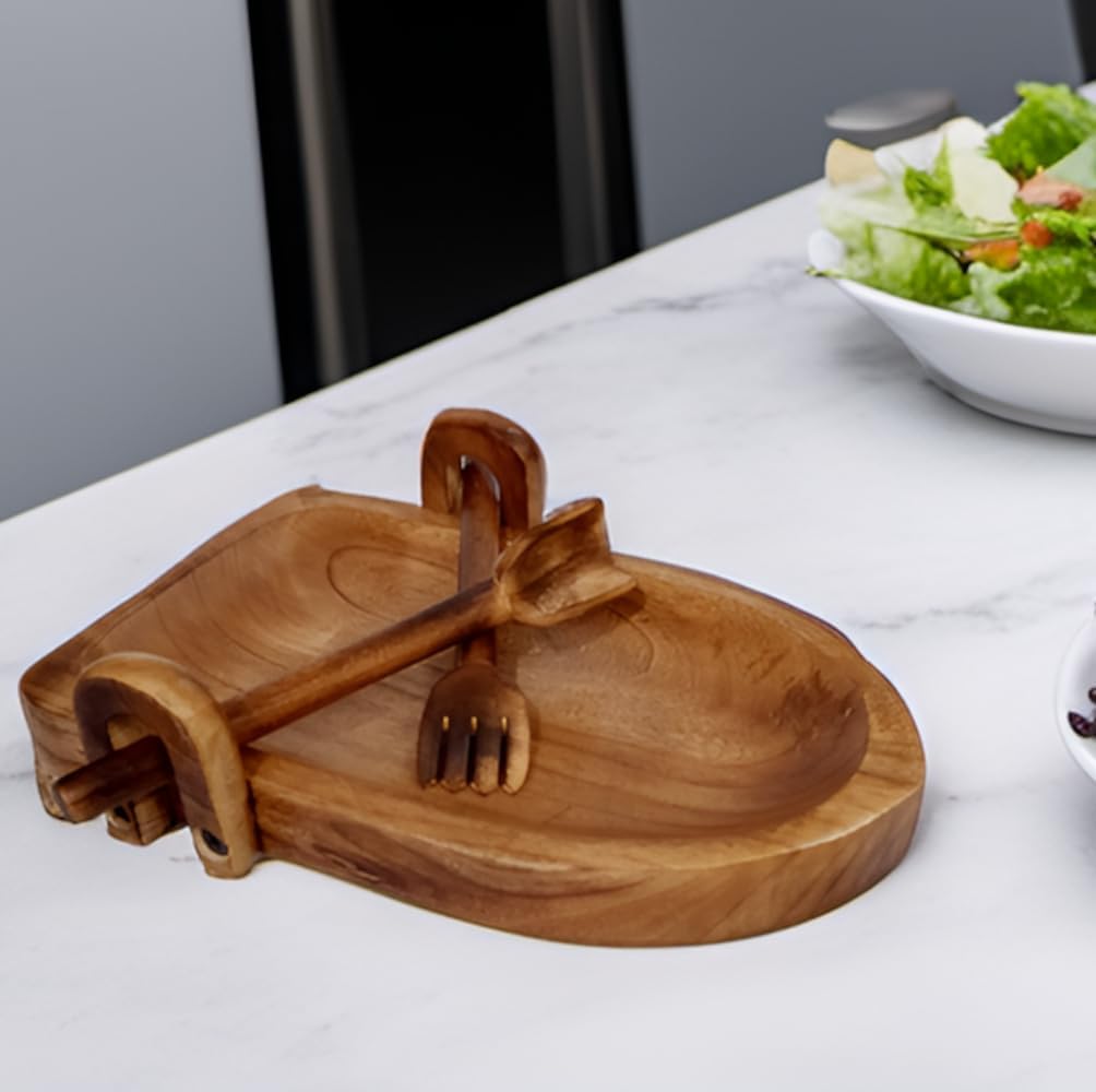 Purpledip Wooden Tray Platter for Serving Salad, Snacks, Cheese, Candies Unique Rowing Boat Design With Fork Spoon (12334)