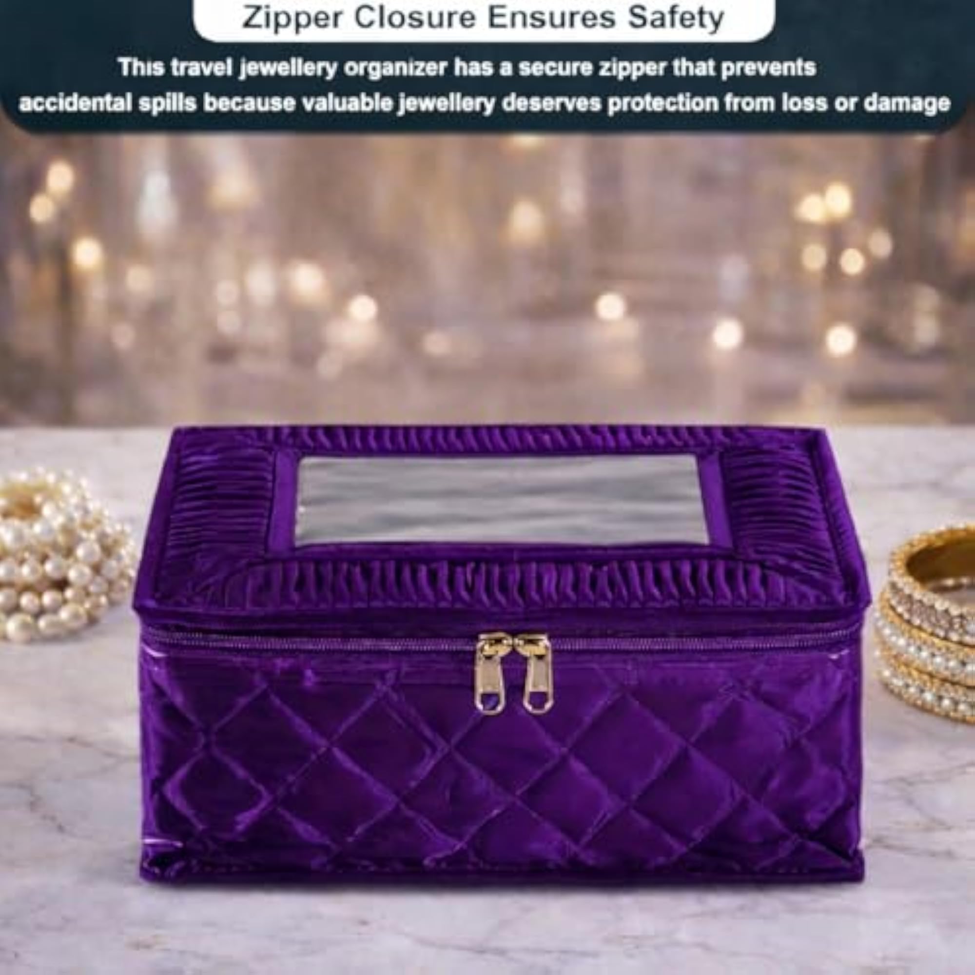 Quilted Satin Jewellery Organizer Box with 12 Pouches