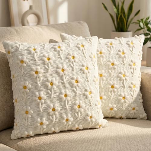 Carttiya Kissenbezug 40x40 2er Set mit Gänseblümchen-Stickerei, geeignet als Sofakissen, Dekokissen und Zierkissen für Wohnzimmer, Schlafzimmer, Büro und Hotel, Creme