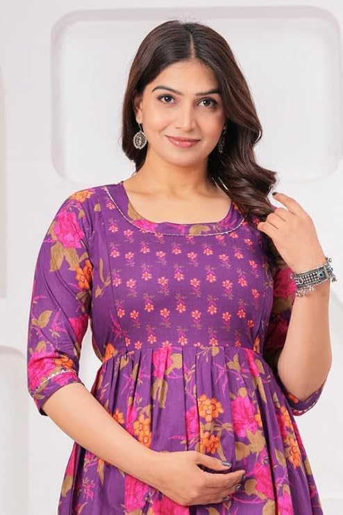 Image of Women Feeding Kurti for Women Cotton Maternity Kurta with Nursing Zip for Pre & Post Pregnancy