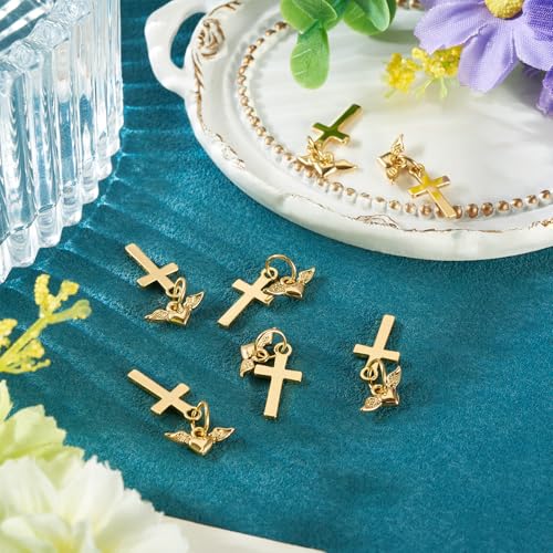 Image of 10Pcs 18K Gold Plated Cross Charms Brass Golden Crucifix with Heart Pendants Metal Permant Jewelry Charms with Jump Ring for DIY Bracelets Necklaces Earring Jewelry Making